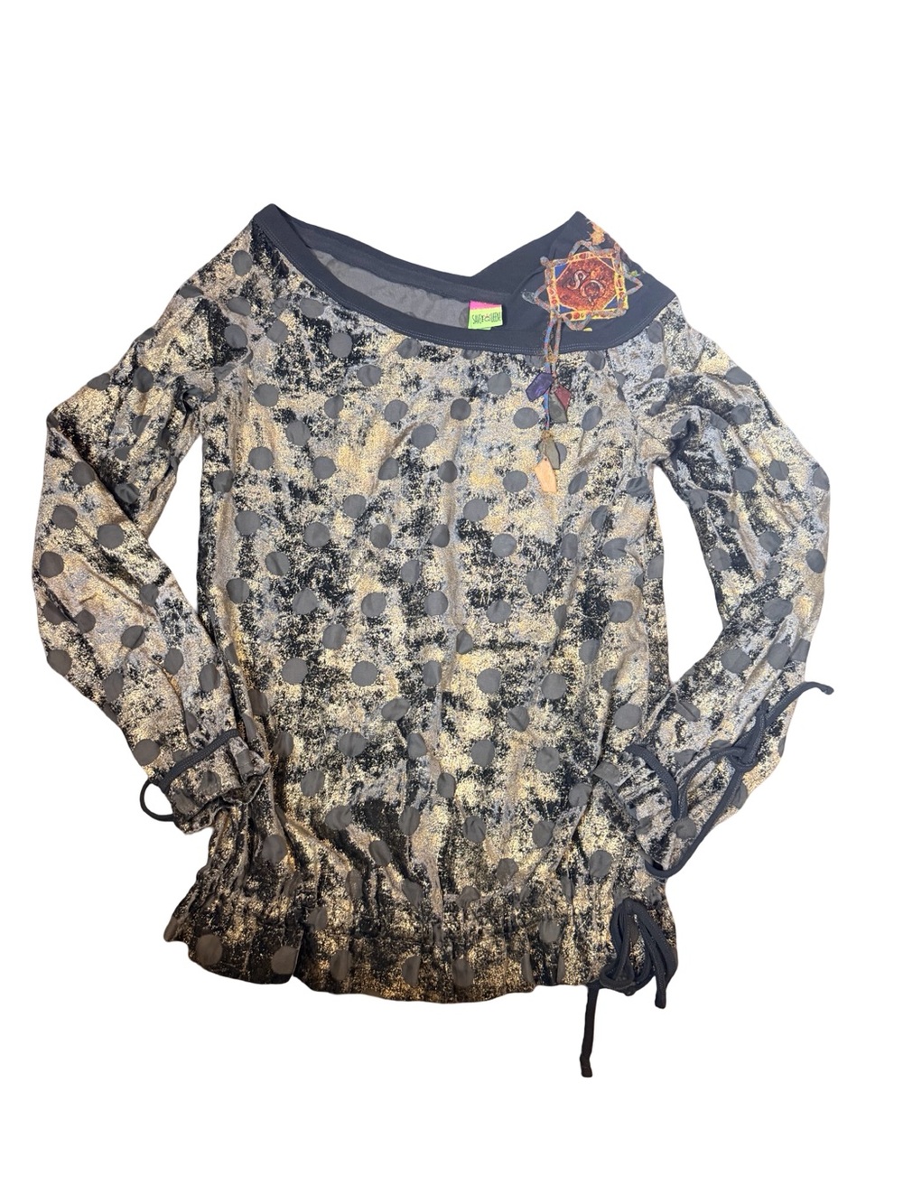 Save The Queen Boho-Print Long Sleeve Blouse with polka dot burnout look size L